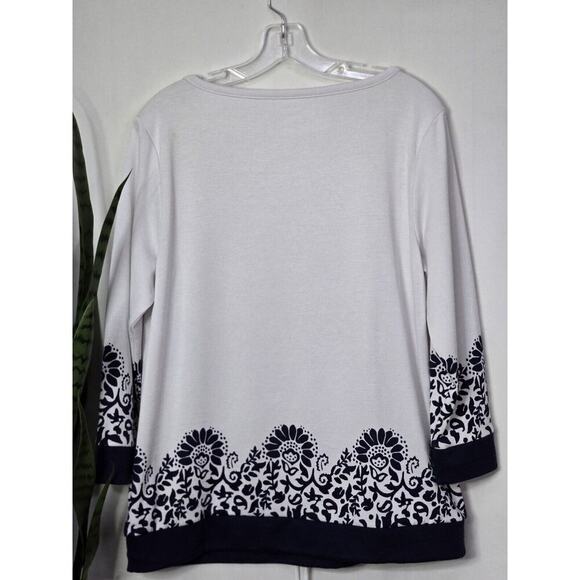 T by Talbots Navy White Floral Paisley Drawstring-Hem 3/4 Sleeve Blouse Size L - Picture 5 of 5